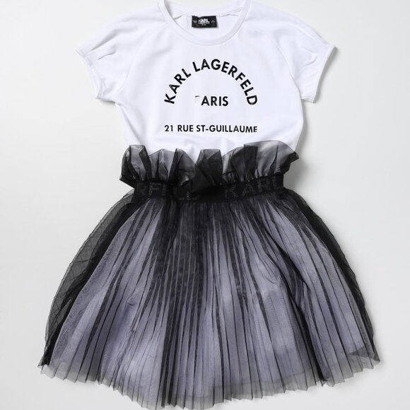 KARL LAGERFELD Black White Mid Length Tulle‎ Logo Dress Sz 14 - Picture 1 of 10